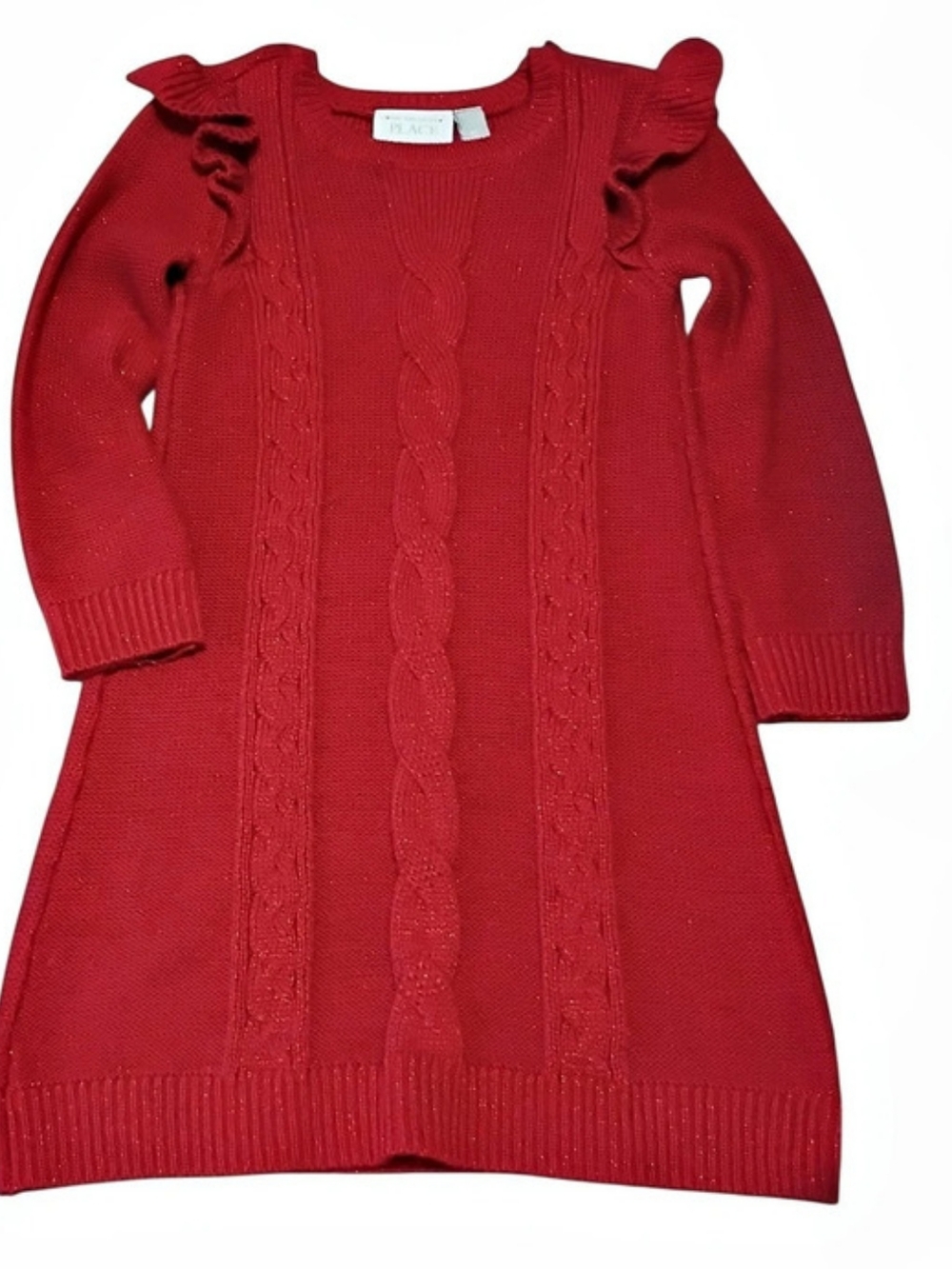 PLACE Red Cable Knit Ruffle Sleeve Sweater Sparklle Dress Girls Size 5T